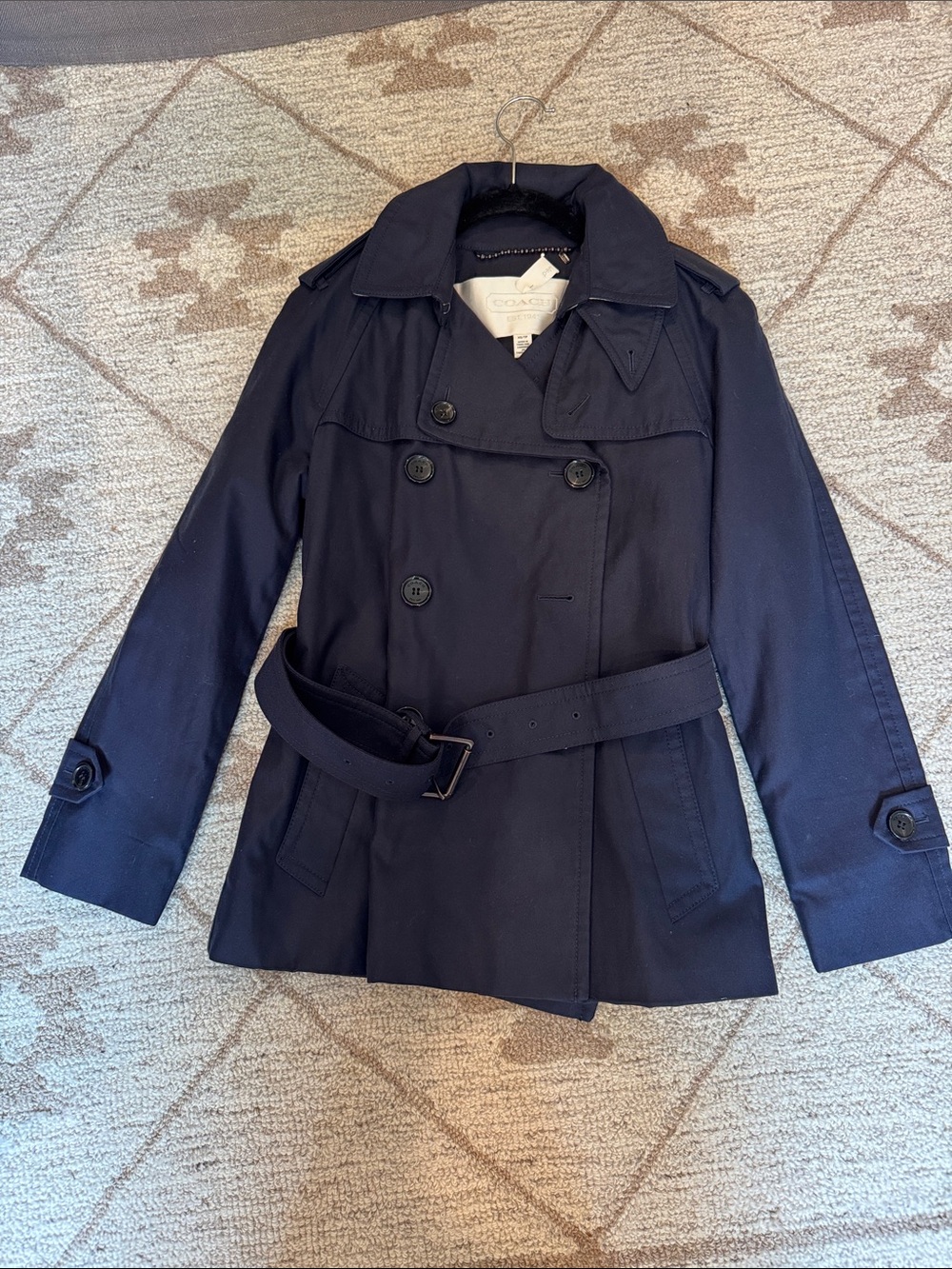 Coach Navy Double-Breasted Trench with Belt